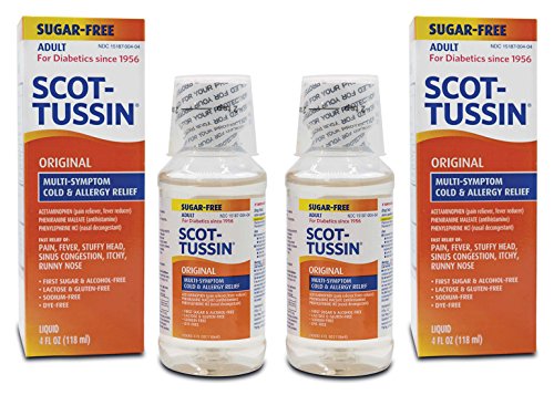 Scot-Tussin Original Multi Symptom Cold and Allergy Remedy with Fever Reducer, Sugar Free Liquid, 4 oz bottle, 2 pack