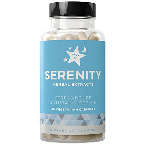 SERENITY Natural Sleep Aid and Stress Relief - Relaxes Mind from Anxiety, Fall Asleep Fast Without Waking Up Groggy - Non-Habit Forming - Magnesium, Valerian, Chamomile - 60 Vegetarian Soft Capsules