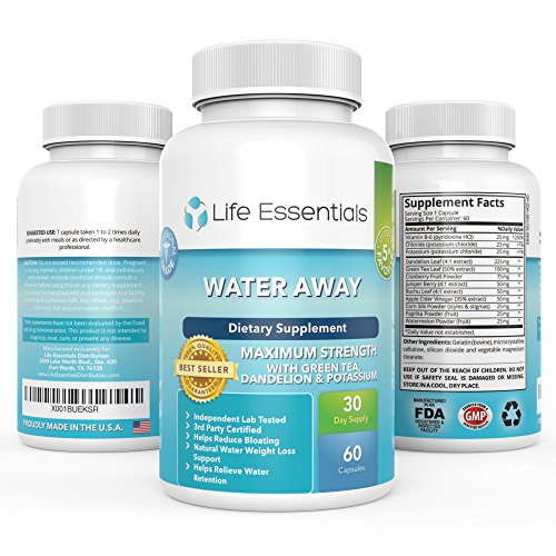 Water Away Maximum Strength Natural Diuretic by Life Essentials-Herbal Blend-Dandelion,Green Tea,Juniper Berry and more-for Men and Women- Made in the USA-60 Capsules-365 Day Money Back Guarantee