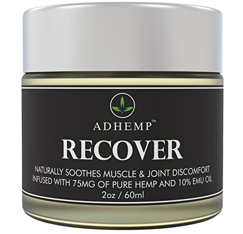 ADHEMP Recover Natural Hemp Oil Pain Relief Cream for Arthritis, Back, Knee, Hands, Neck, Feet, Muscle Soreness, Inflammation, Joints, Carpal Tunnel - 75 Mg of Pure Hemp, 10% Emu Oil, Aloe Vera - 2 Oz