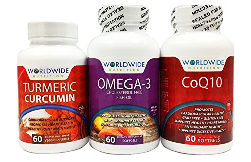Worldwide Nutrition Seniors Heart, Brain And Joint Vitamin Kit, Turmeric Curcumin, CoQ10, Omega-3, 180 Capsules