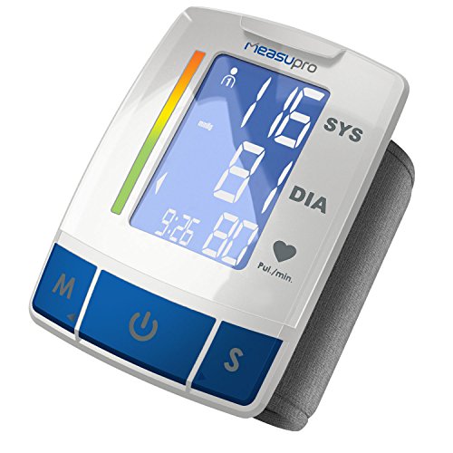 MeasuPro Automatic Wrist Blood Pressure Monitor Portable Device with Heart Rate Indicator, Two User Modes, Memory Recall and Large Backlit LCD Display