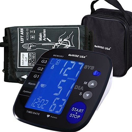 GoWISE USA Digital Blood Pressure Monitor with Hypertension Risk Indicator, Large Size Cuff, Large LCD Display - FDA Approved