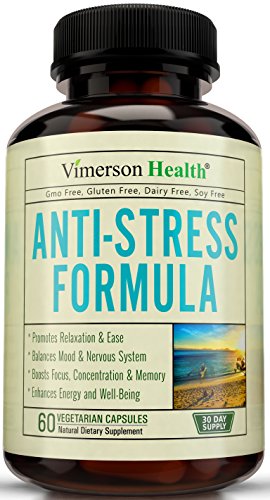 Stress Relief & Natural Anti Anxiety Supplement by Vimerson Health. Herbal Blend with Biotin, 5-HTP, Valerian, Lutein, Vitamins B1 B2 B5 B6, L-Theanine, St Johns Wort, Ashwaghanda, Chamomile, Niacin