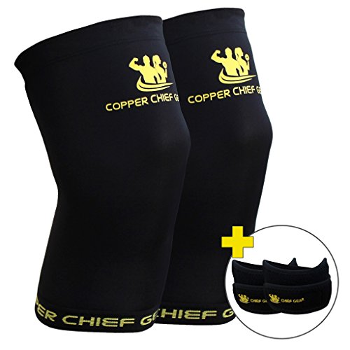 Copper Knee Sleeves (1 Pair) with FREE Patella Knee Braces (1 Pair) - GUARANTEED Best Copper Infused Fit - Compression & Recovery Sleeves - Both Men & Women - by Copper Chief Gear (Large)
