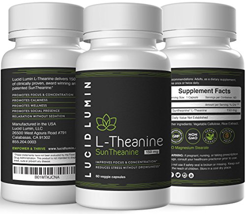 Lucid Lumin Suntheanine L-Theanine 150mg, 60 Tiny Capsules to Support Stress Relief, Anxiety Relief, Sleep Better, Thyroid Support, Adrenal Support, 1 Year Money Back Guarantee