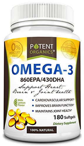 Potent Organics (Burpless) Omega-3 Fish Oil. Optimized EPA 860mg/DHA 430mg.180 Softgel Pills Infused With Lemon Oil.