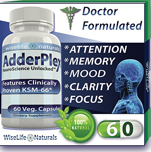 AdderPlex Best Organic Focus Energy Add Attention Boost Mood Increase Brain Memory Mental Cognitive Enhancer Anti - Stress Anxiety Depression Panic w Ashwagandha Ginkgo Ginseng Nerve Tonic Super Food