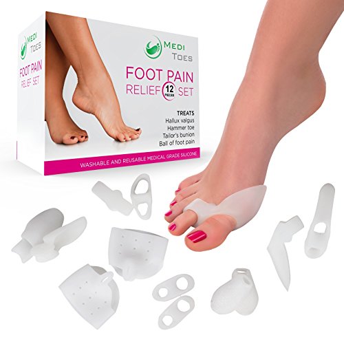 Bunion Relief (12pcs Set) - Treat Foot Pain, Hallux Valgus, Tailor's Bunion, Pain in Big Toe Joint, Hammer Toe and more. Includes Toe Spacers, Separators and Straighteners. 1 Year Warranty.