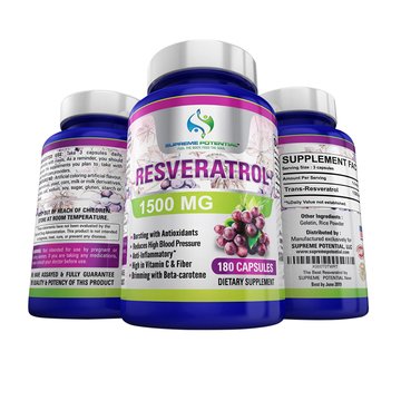 Supreme Potential 100{0ad59209ba3ce7f48e71d4a0dc628eee9b107ea7079661ded2b3bda89b047a8b} Pure Resveratrol Extract for Anti-Aging & Heart Health - 1500mg Maximum Strength - 180 Capsules - 60 Day Supply - Manufactured in USA.