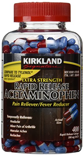 Kirkland Signature Extra Strength Rapid Release Pain Reliever Acetaminophen 500 MG 400 rapid release gelcaps Bottle