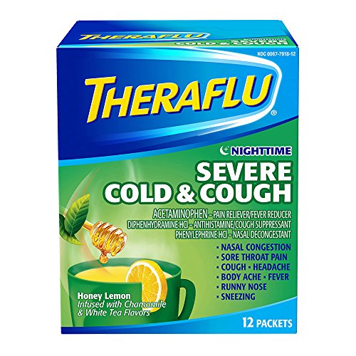 Theraflu Nighttime Severe Cold and Cough Medicine, Honey Lemon, Chamomile, and White Tea Flavors, 12 Count