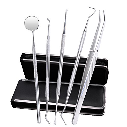 Ksmxos 5-Piece Dentist Tool Kit Bundle of Stainless Steel Tarter Remover, Anti-Fog Mirror, Tweezers, Dental Pick/Scaler and Carry Case
