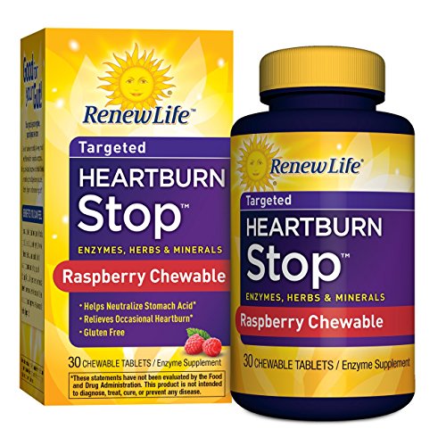 Renew Life - Heartburn Stop - gas, bloating, and digestive relief - enzyme supplement - 30 Raspberry flavor chewable tablets