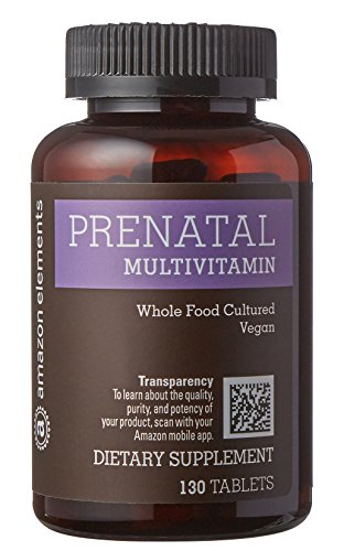 Amazon Elements Prenatal Vitamins, 59% Whole Food Cultured, Vegan, 130 Tablets