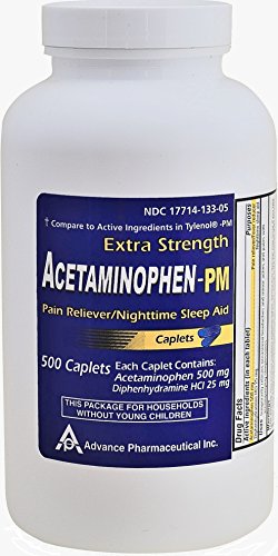 Acetaminophen PM 500 Caplets Generic for Tylenol PM Extra Strength Pain Reliever, Fever Reducer, Antihistamine & Nighttime Sleep Aid Acetaminophen 500 mg & Diphenhydramine 25 mg
