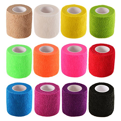Pangda 12 Pieces Adhesive Bandage Wrap Stretch Self-adherent Tape for Sports, Wrist, Ankle, 5 Yards Each (12 Colors, 2 Inches)
