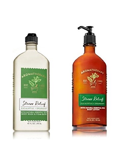 Bath & Body Works, Aromatherapy Stress Relief Body Lotion and Body Wash & Foam Bath, Eucalyptus Spearmint - New 2018 Packaging  (Bundle of 2)