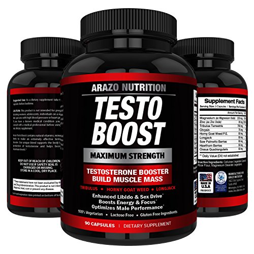 TESTOBOOST Test Booster Supplement | Potent & Natural Herbal Pills | Boost Muscle Growth | Tribulus, Horny Goat Weed, Hawthorn, Zinc, Minerals| Arazo Nutrition USA