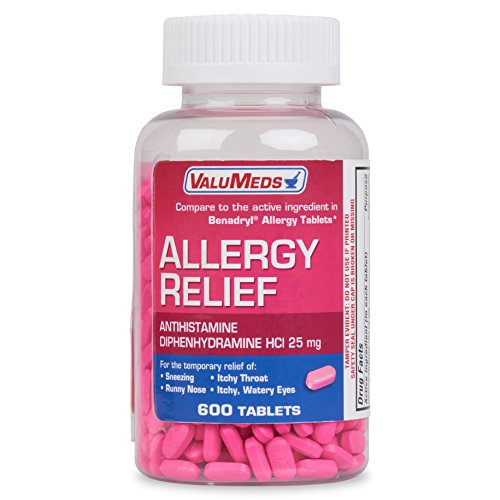 ValuMeds Allergy Medicine (600 Tablets) Antihistamine, Diphenhydramine HCl 25 mg | Children and Adults | Relieve Itchy Eyes, Runny Nose, Sneezing (Compare to Active Ingredient in Benadryl Allergy)