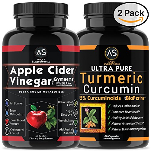 Apple Cider Vinegar Pills for Weightloss and Turmeric Curcumin [2 Pack Bundle] Natural Detox Remedy Includes Gymnema, Garcinia, & BioPerine for Complete Diet and Health - Best Starter Kit or Gift.