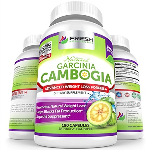 Fresh Healthcare 100% Pure Garcinia Cambogia Extract - 3 Month Supply & 1600mg Per Serving - Max HCA w/ Potassium for Rapid Fat Loss and Weight Management - 180 Capsules