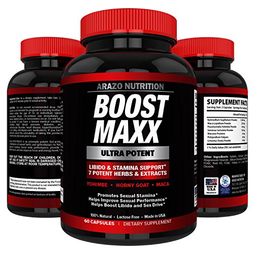 BoostMAXX Male Enhancement Pills | Enhancing Libido, Drive, Performance, Boost Testosterone | Horny Goat Weed Yohimbe Maca 60 Pills Herbal Supplement | Arazo Nutrition