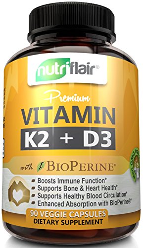 NutriFlair Vitamin K2 (MK7) with D3 5000 IU Supplement with BioPerine (Black Pepper) for Immune System Support, Strong Bones and Heart Health (90 Tiny Easy to Swallow Vegetable Capsules)