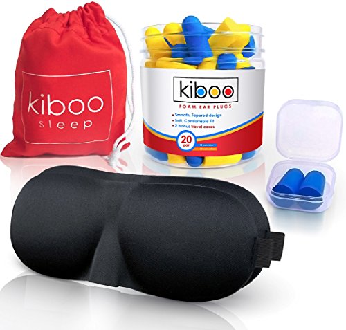 KIBOO 20-Pairs Soft Ear Care & Noise Reduction Earplugs with TWO Comfortable Sleep Masks, One Carry Pouch, Two Plastic Travel Cases for Plugs