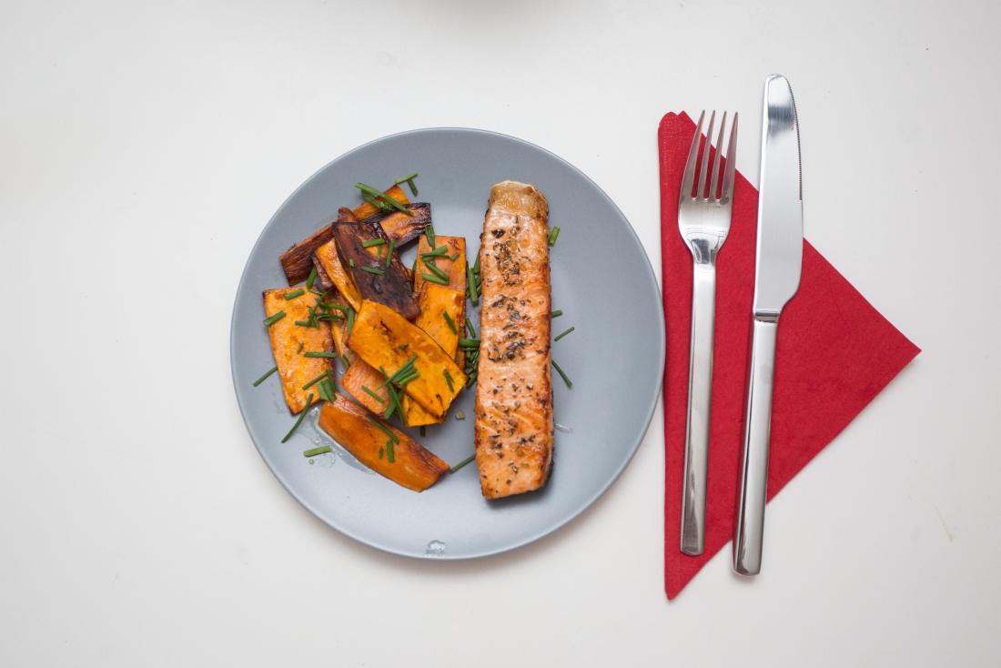 fish and sweet potatoes on a plate
