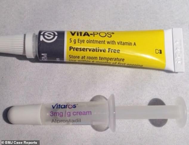 The patient was accidentally given Vitaros (bottom), an erectile dysfunction cream, instead of the similarly-named VitA-POS (top), an eye ointment