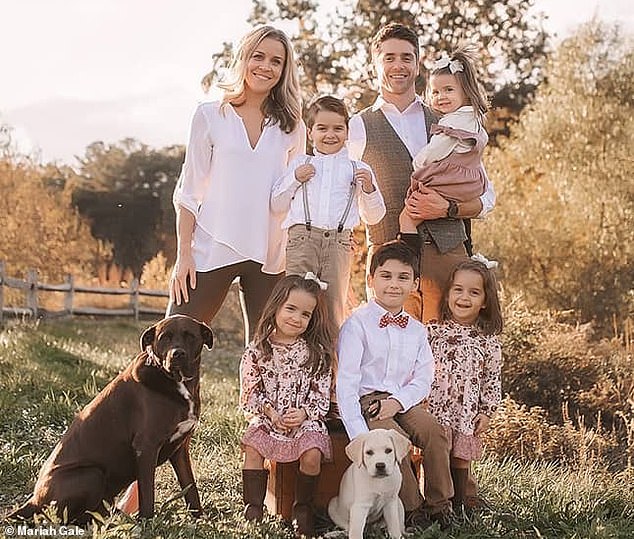 When April married her husband, Brian, (right), she made it clear in their vows she wanted a big family - 'four children' - the couple is thrilled to have five: