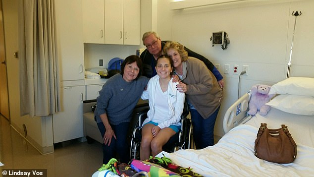 At first Lindsay (pictured, center, with her family) had to use a wheelchair, but she progressed quickly