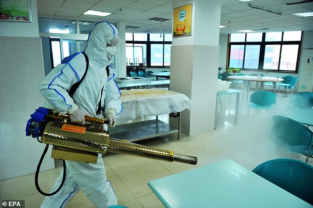 Meanwhile in China, health workers have been hosing down streets, shops and public transport with disinfectant spray to try curb the spiralling epidemic. Pictured: A worker sprays an office building in Qingdao, Shandong Province