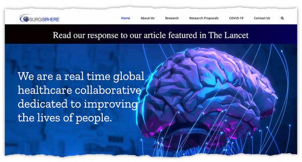 A screen shot from Surgisphere’s website, which advertised a response to criticism of its paper in The Lancet.
