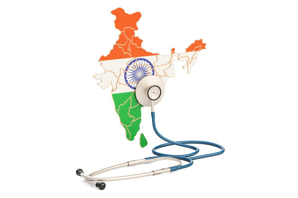 Indian map with stethoscope, national health care concept, 3D rendering
